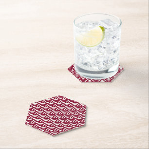 Seigaiha, Waves, Japanese, Burgundy and White Paper Coaster