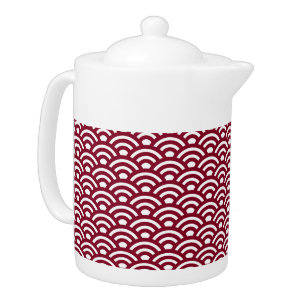Seigaiha, Waves, Japanese, Burgundy and White Teapot