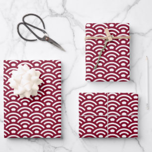 Seigaiha, Waves, Japanese, Burgundy and White Wrapping Paper Sheets