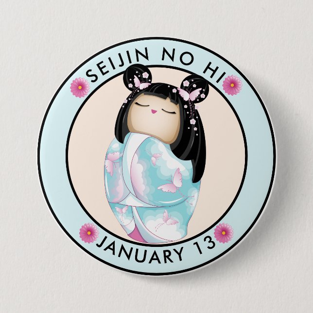 Seijin no Hi kokeshi girl butterflies Button (Front)