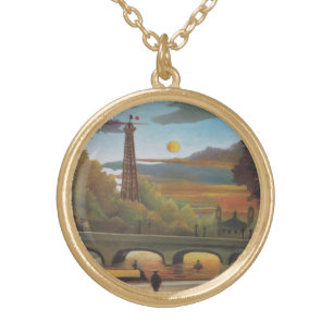 Seine and Eiffel Tower at Sunset by Henri Rousseau Gold Plated Necklace