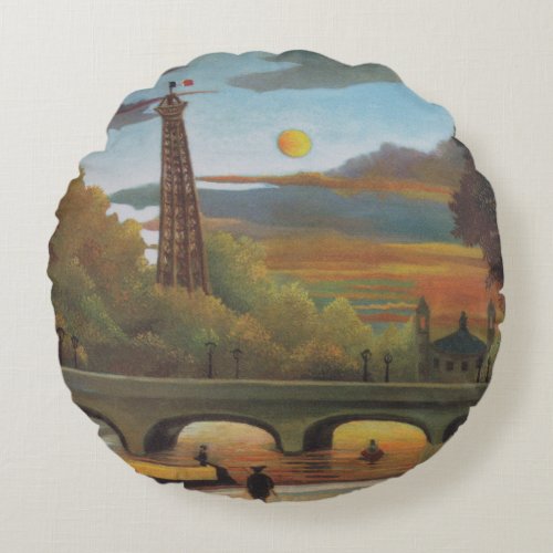 Seine and Eiffel Tower at Sunset by Henri Rousseau Round Pillow