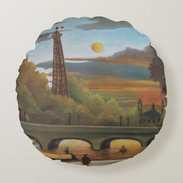 Seine and Eiffel Tower at Sunset by Henri Rousseau Round Pillow (Front)