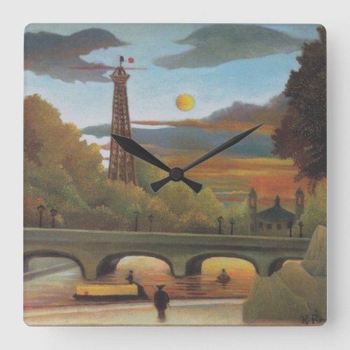 Seine and Eiffel Tower at Sunset by Henri Rousseau Square Wall Clock