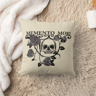 Seize the Day - Black Roses - Memento Mori Skull Throw Pillow