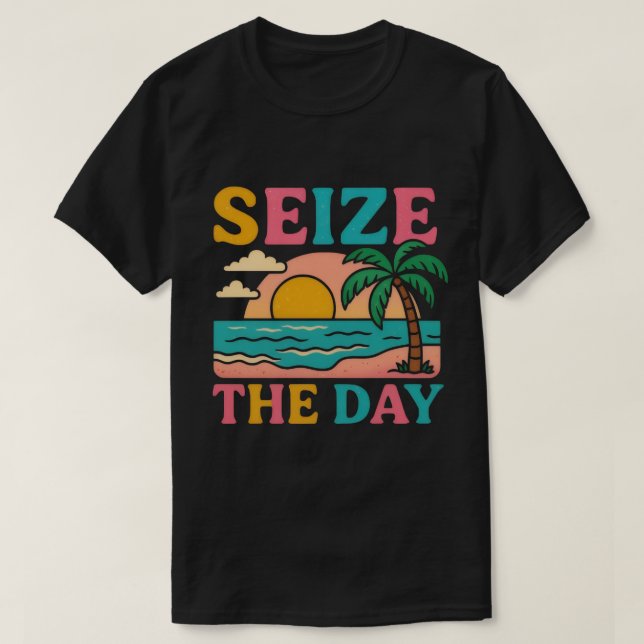 SEIZE THE DAY Glitter Typography Tropical Sunset T-Shirt (Design Front)