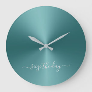 Seize The Day Teal Green Metallic Style Acrylic Large Clock