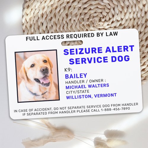 Seizure Alert Service Dog Photo ID Badge