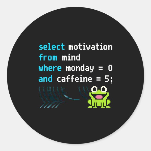 Select Motivation Frog – Funny Pixel Sql Code  Classic Round Sticker (Front)