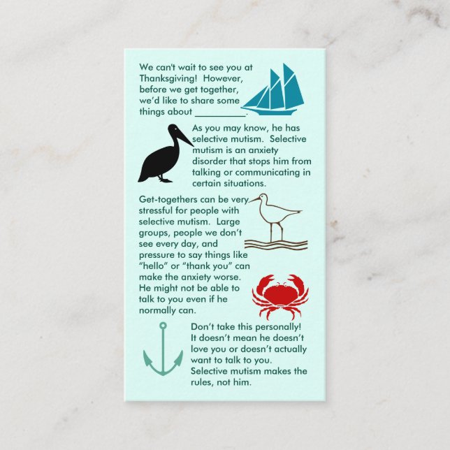 Selective Mutism Get Together Boy Business Card (Front)