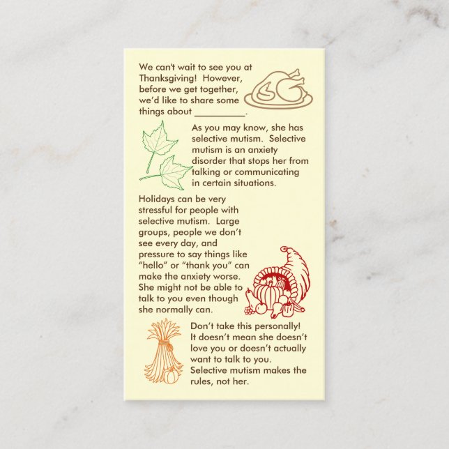 Selective Mutism Thanksgiving Girl Business Card (Front)