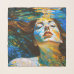“Selene” - Women In Water Scarf<br><div class="desc">“Selene” - Women In Water. In this serene, colourful fine art women water scene, a beautiful woman with long red hair floats in a blue swirling sea. Sunlight dapples her peaceful face beneath the water's surface. With eyes closed and face lifted, she absorbs the light, embodying a strong, resilient, and...</div>