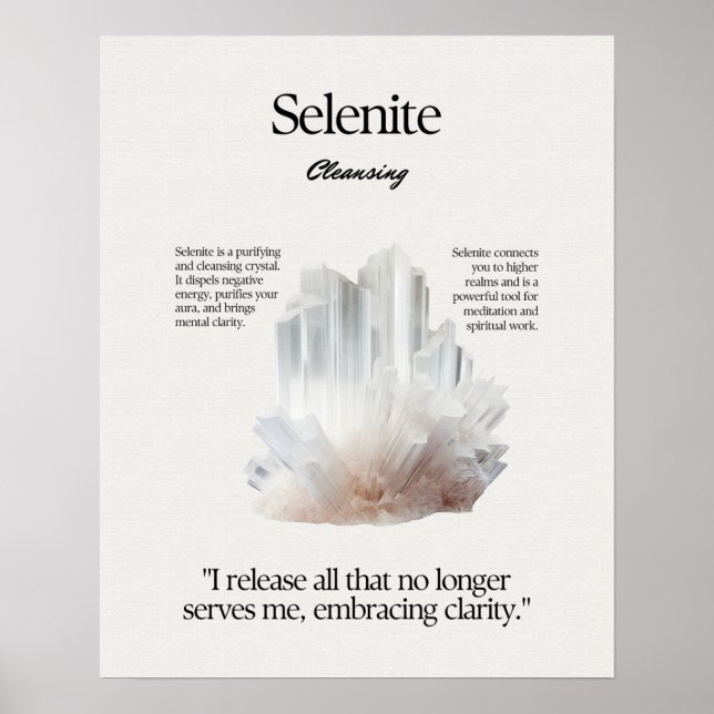 Selenite Stone Crystal Meaning Card Poster (Front)