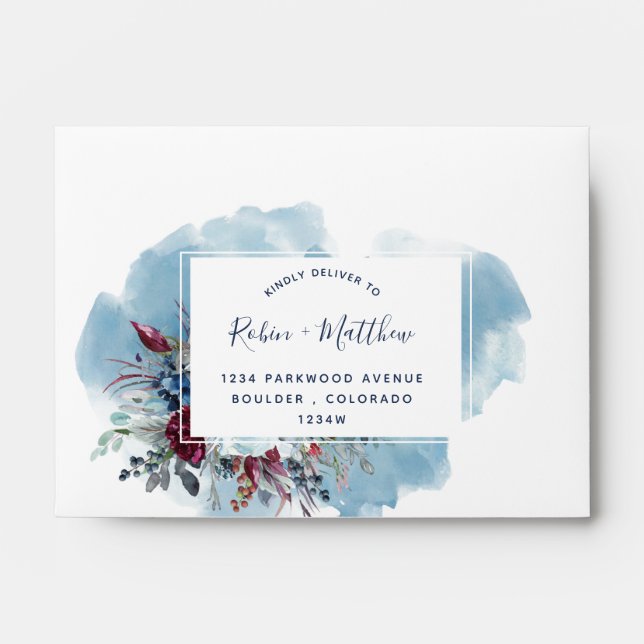 Self-Addressed RSVP, Blue Burgundy Purple Floral Envelope (Front)