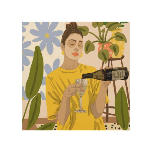 Self Care Illustration Fashion Woman Wine Wood Wall Art