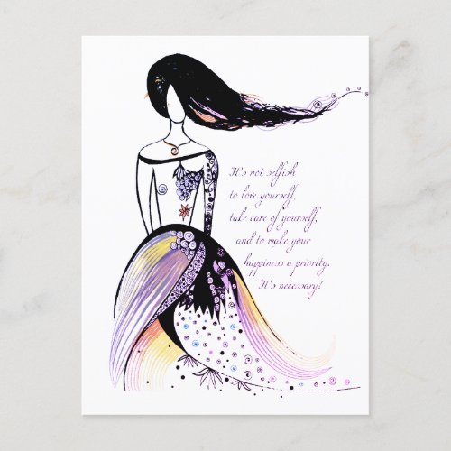 Self care inspirational illustrated lady quote postcard