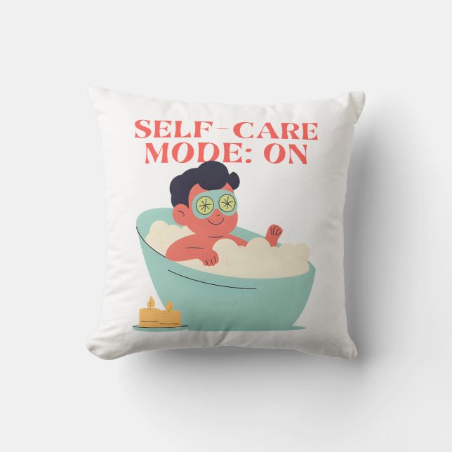 Self-Care Mode: ON – Cute & Funny Cartoon Bathing  Throw Pillow (Front)