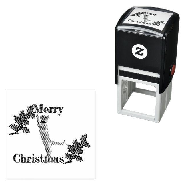 Self Inking Stamp - Merry Christmas Holly and Cat (In Situ)