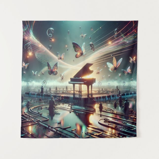 Self-Playing Piano in a Surreal Lake Landscape Tapestry (Front)