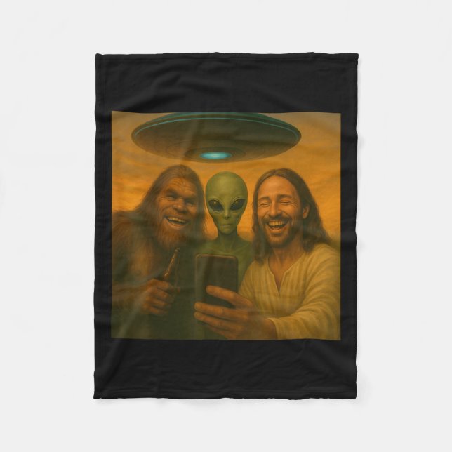 Selfie Bigfoot Jesus Alien - Cryptid Funny Sasquas Fleece Blanket (Front)