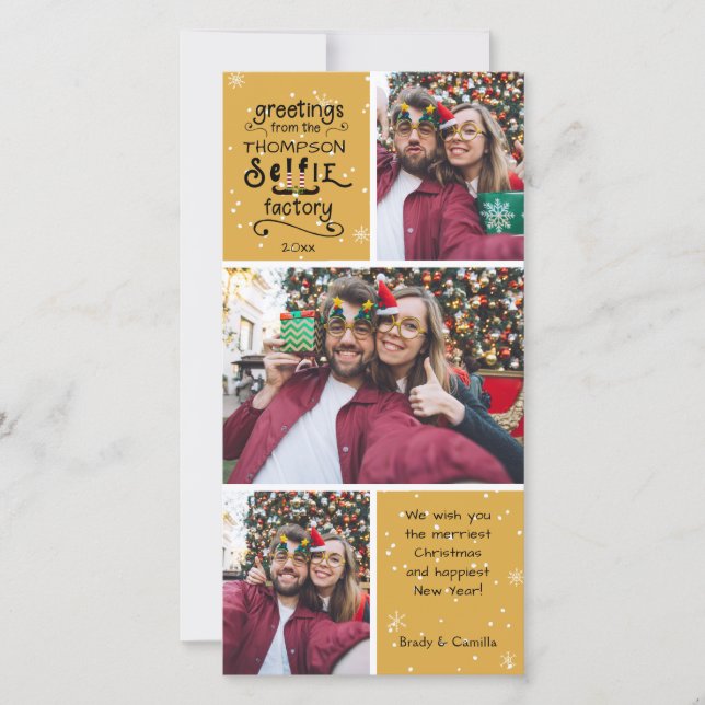 sELFie Greetings, Changeable Gold, 3 Photos Holiday Card (Front)