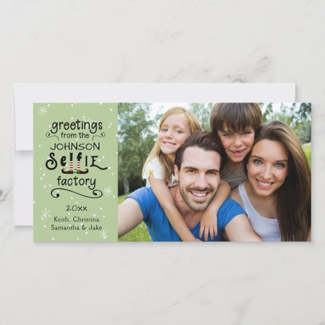 sELFie Greetings, Snow on Green Holiday Card (Front)