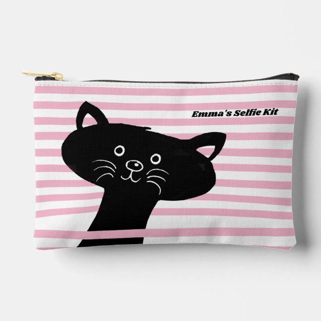 Selfie Kit - Cute Black Peeking Cat Accessory Pouch (Front)