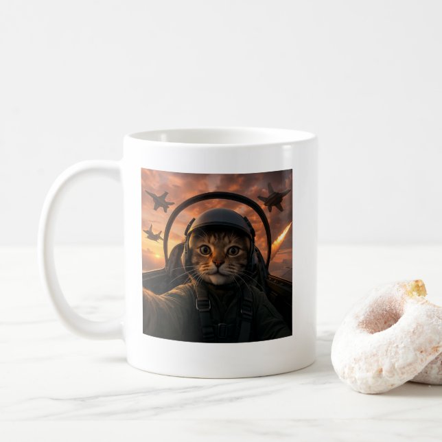 Selfie Squad Cat Funny Fighter Pilot Meme Cat Gen  Coffee Mug (With Donut)