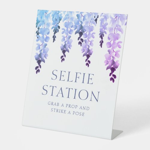 Selfie Station Purple Floral Script Wedding Pedestal Sign