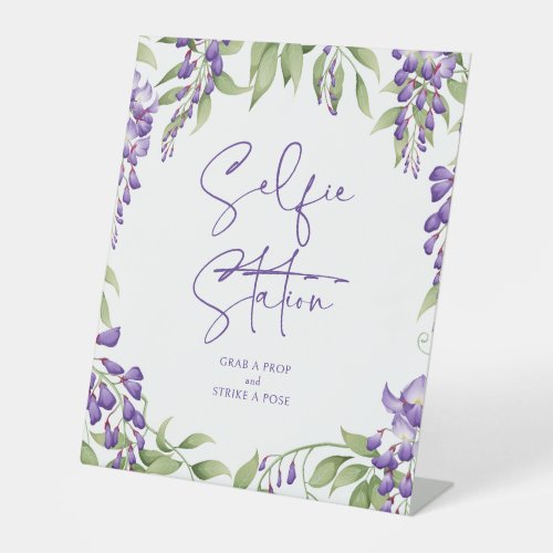 Selfie Station Purple Floral Script Wedding Pedestal Sign