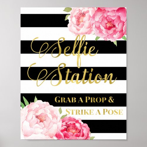 Selfie Station Sign Pink Floral Gold Black Stripes