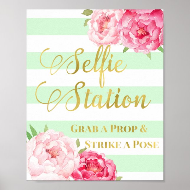 Selfie Station Sign Pink Floral Gold Mint Stripes (Front)