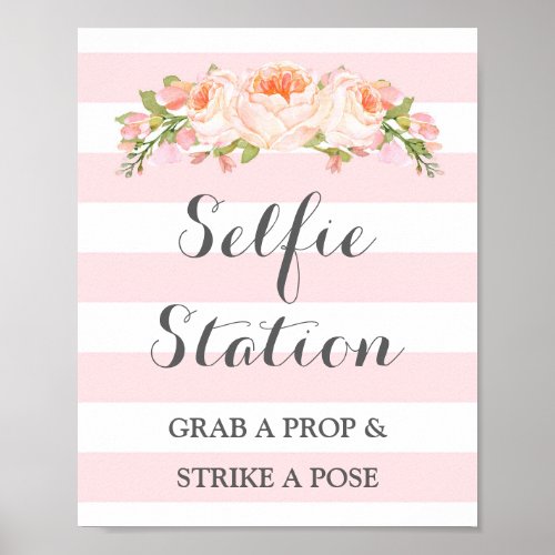 Selfie Station Wedding Sign Pink Flowers Stripes