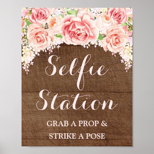 Selfie Station Wedding Sign Pink Watercolor Wood