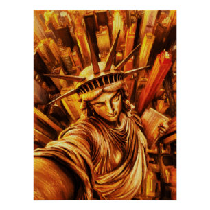 Selfie-Style Statue of Liberty Oil Painting Poster
