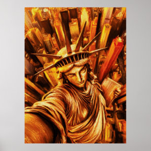 Selfie-Style Statue of Liberty Oil Painting Poster