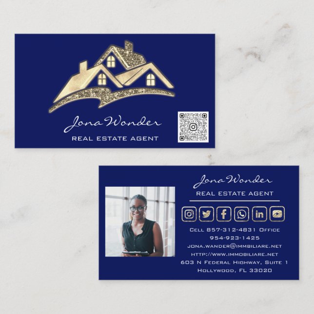 Sell House Social Media Logo Gold Photo BlueQRCODE Business Card (Front/Back)