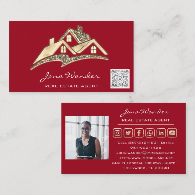 Sell House Social Media Logo Gold Photo Red QRCODE Business Card (Front/Back)