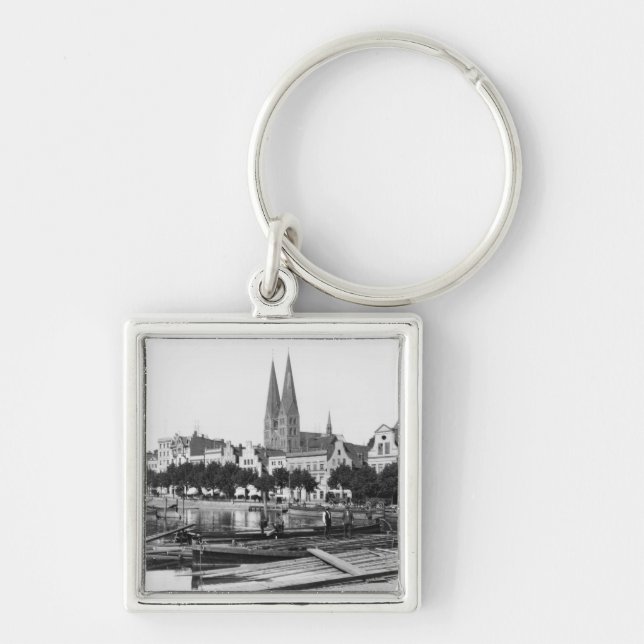 Selling wood on the River Trave, Lubeck, c.1910 Keychain (Front)