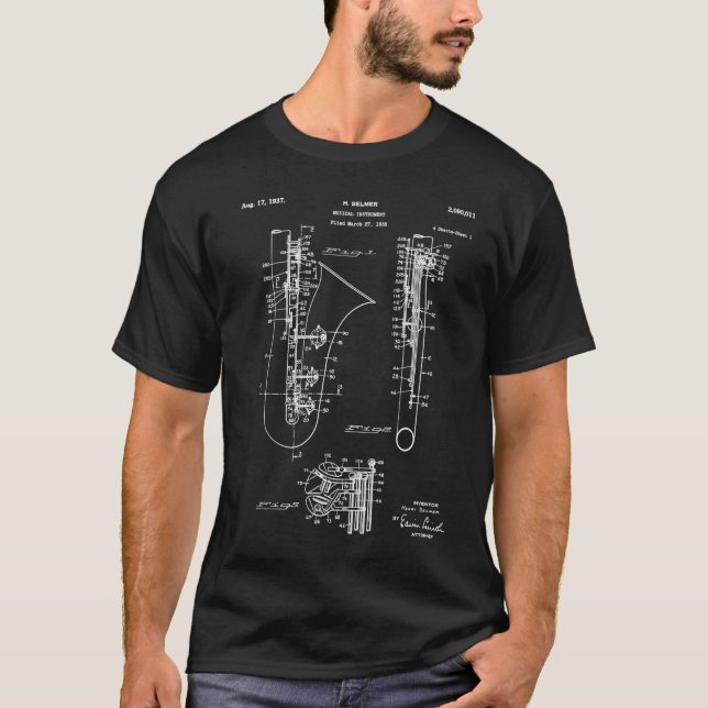 Selmer Saxophone Patent - Saxophone Art - Blueprin T-Shirt (Front)
