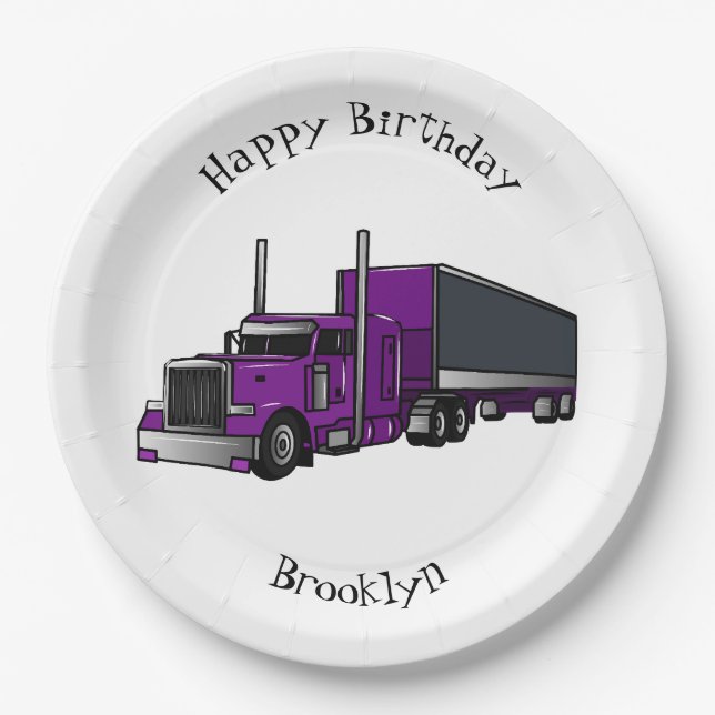 Semi-trailer truck cartoon illustration paper plates (Front)