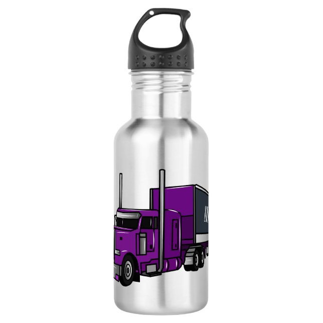 Semi-trailer truck cartoon illustration stainless steel water bottle (Front)