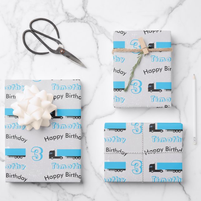 Semi-Trailer Truck Transportation Trucks Birthday Wrapping Paper Sheets (Front)