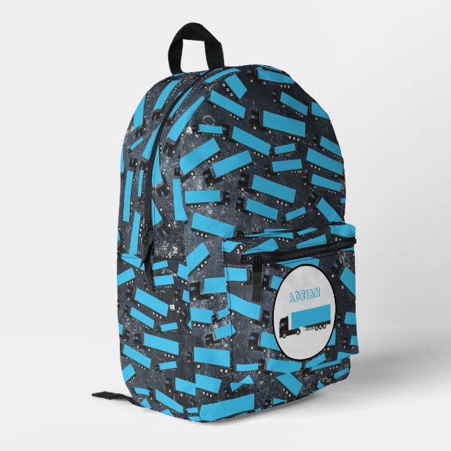Semi-Trailer Truck Transportation Trucks Blue Name Printed Backpack (Back Corner Left)