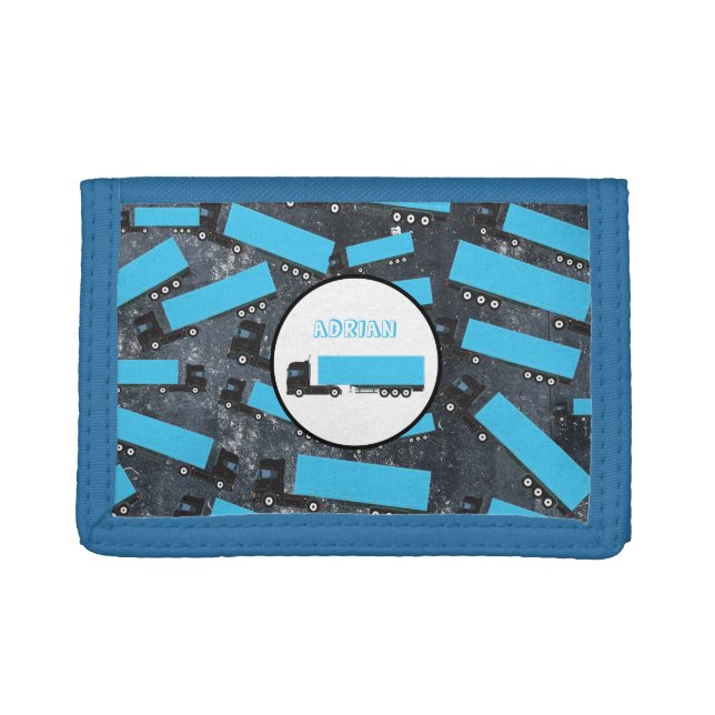 Semi-Trailer Truck Transportation Trucks Blue Trifold Wallet (Front)