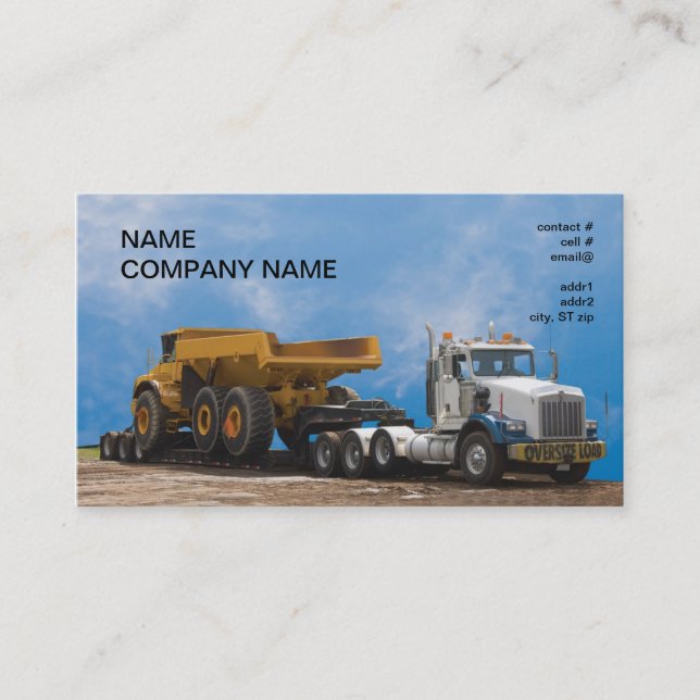 semi truck and trailer hauling a large dumptruck business card (Front)