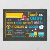 Semi Truck and Train Joint Birthday Invitation