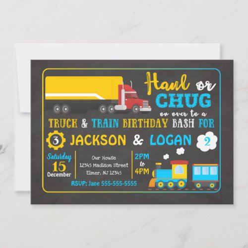 Semi Truck and Train Joint Birthday Invitation