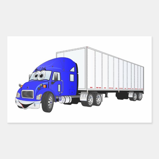 Semi Truck Blue White Trailer Cartoon Rectangular Sticker (Front)