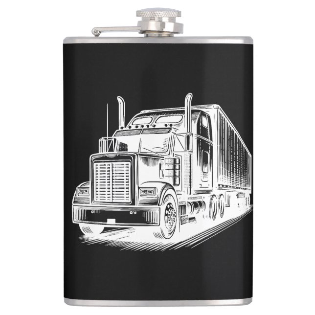 Semi Truck diesel Trucking Art ink drawing Flask (Front)